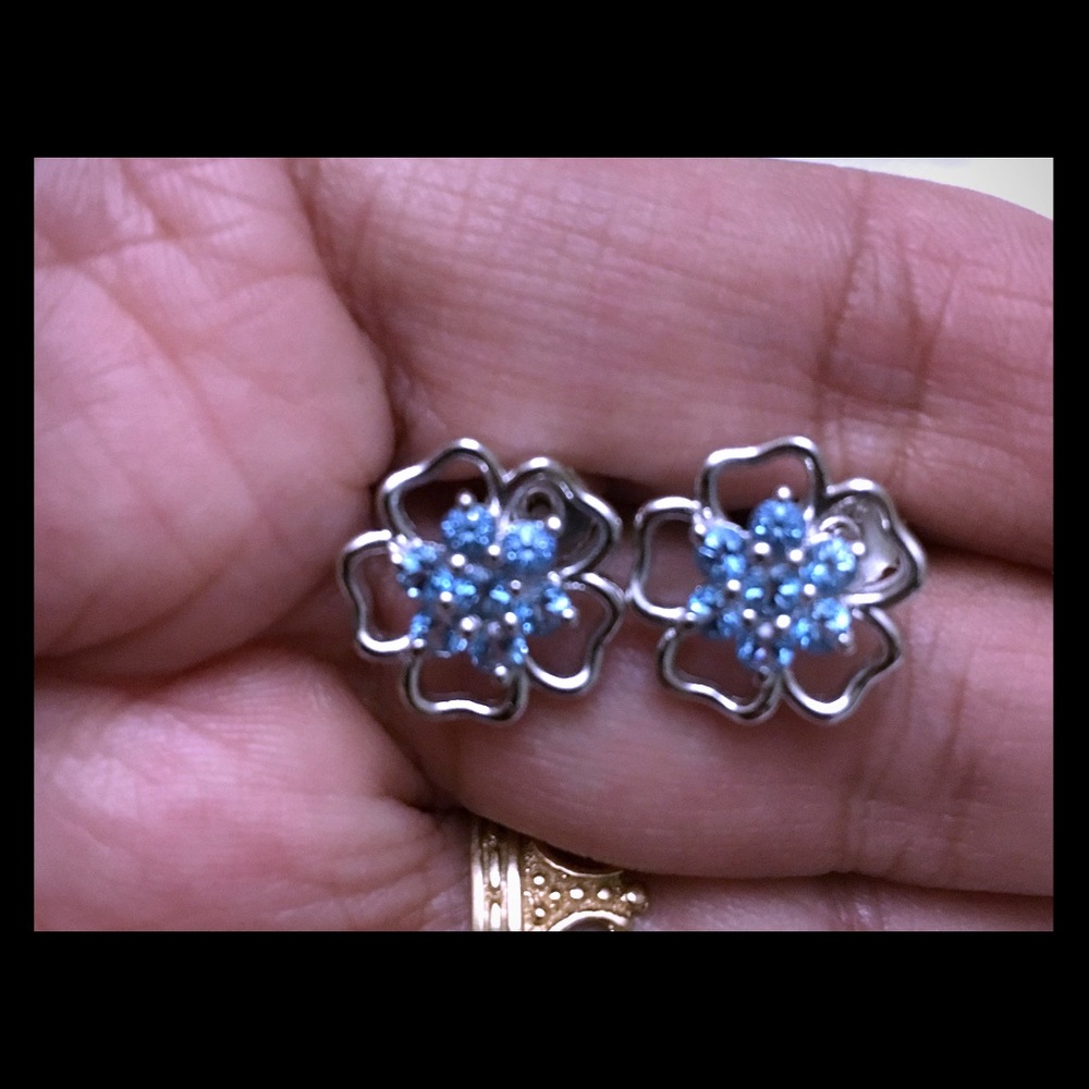 .925 Sterling Blue Topaz Flower Earrings Studs